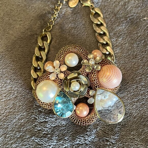 Vintage Big Pearl Gemstone Bauble Adjustable Chunky Chain Bracelet EFM - Picture 2 of 9